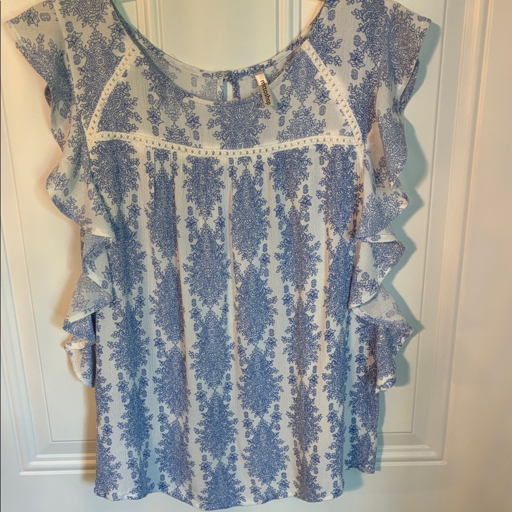 mittoshop Blue and White Ruffle Sleeve Blouse